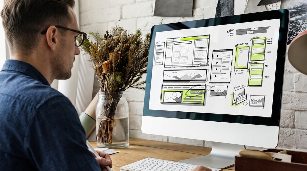 Planning a website with LaunchPad-coloured wireframes on a large screen